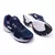 Imagem de tênis Abuzze Classic Running em azul marinho, com solado branco e detalhes em laranja, ideal para corrida e caminhada.