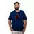 Camiseta masculina plus size com estampa de Deadpool e Wolverine em fusão, na cor azul marinho.