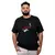 Camiseta masculina plus size preta com estampa do Rock In Rio 2024, apresentando uma guitarra e o símbolo de rock.