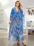 Kaftan Reto com Renda Azul Boho Decote em V e Manga Curta