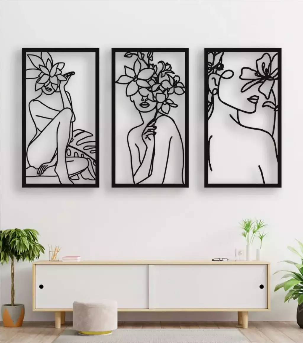 Cuadro Calado Triptico Floral Mujeres Flowers 90x50cm