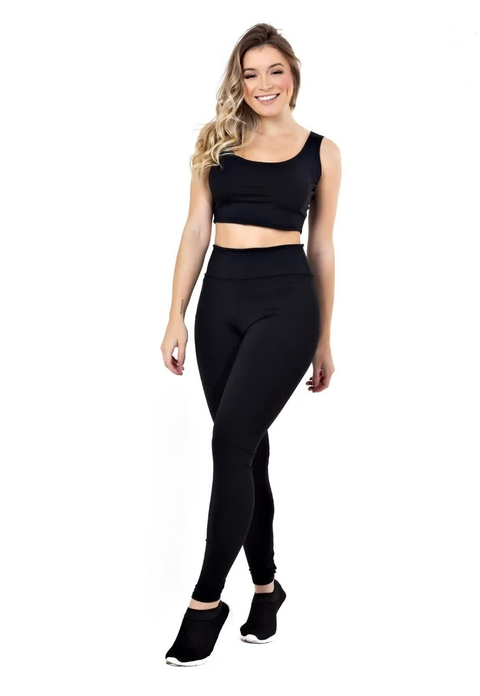 Calça Legging Preta Com Detalhe em Vivo Branco Cintura Alta e Cropped  Regata Academia Conjunto Fitness Feminino