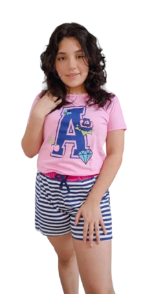 Pijama Shortdoll Manga Algodão Cor Rosa bebê Short Listrado Ref: 1529 na internet