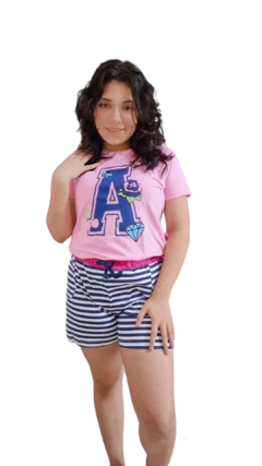 Pijama Shortdoll Manga Algodão Cor Rosa bebê Short Listrado Ref: 1529 - comprar online