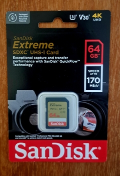 MEMORIA SD SANDISK 64GB EXTREME HASTA 170 Mb/s 4K U3 V30 - comprar en línea