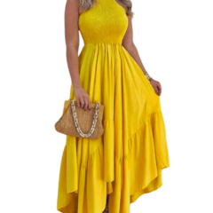 vestido longo amarelo cintura alta -Nelule