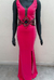 Vestido Longo Rosa Chiclete Decotado com Bordado