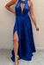 Vestido Longo Azul Royal Gola e Fenda