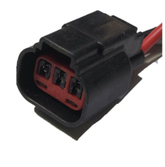 Conector de 3 terminales para sensor de cigüeñal de Mazda y árbol de levas de Ford, mostrando los conectores internos en color rojo.