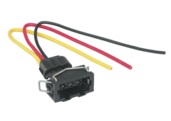 Conector de bobina con tres terminales y cables de colores rojo, negro y amarillo, diseñado para vehículos VW como Sedan, Golf y Jetta.