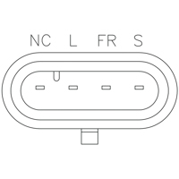 Conector ovalado de regulador Delco 22SI con etiquetas NC, L, FR, S.