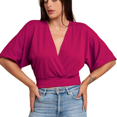 Imagem do Blusa Manga Morcego Cropped Feminino Decote V Slim Rosa