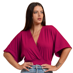 Blusa Manga Morcego Cropped Feminino Decote V Slim Rosa