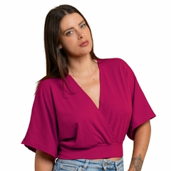 Blusa Manga Morcego Cropped Feminino Decote V Slim Rosa - loja online