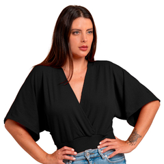 Blusa Manga Morcego Cropped Feminino Decote V Slim Preto