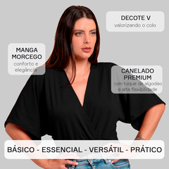 Blusa Manga Morcego Cropped Feminino Decote V Slim Preto - comprar online