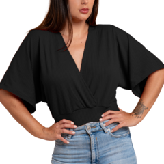 Blusa Manga Morcego Cropped Feminino Decote V Slim Preto - loja online