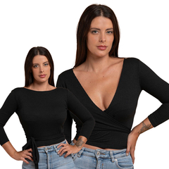 Blusa Transpassada Cropped Envelope Canelada Multiuso Slim Preta