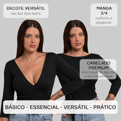 Blusa Transpassada Cropped Envelope Canelada Multiuso Plus Preto - comprar online