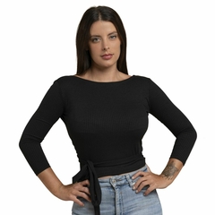 Imagem do Blusa Transpassada Cropped Envelope Canelada Multiuso Slim Preta