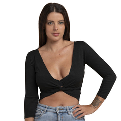 Blusa Transpassada Cropped Envelope Canelada Multiuso Slim Preta - The UNI