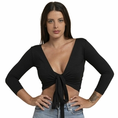 Blusa Transpassada Cropped Envelope Canelada Multiuso Slim Preta - comprar online