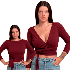 Blusa Transpassada Cropped Envelope Canelada Multiuso Slim Vinho