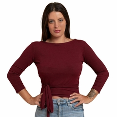 Blusa Transpassada Cropped Envelope Canelada Multiuso Slim Vinho - loja online