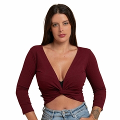 Blusa Transpassada Cropped Envelope Canelada Multiuso Slim Vinho - comprar online