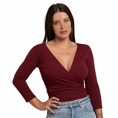 Imagem do Blusa Transpassada Cropped Envelope Canelada Multiuso Slim Vinho