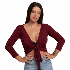 Blusa Transpassada Cropped Envelope Canelada Multiuso Slim Vinho - comprar online