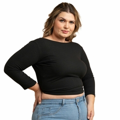 Imagem do Blusa Transpassada Cropped Envelope Canelada Multiuso Plus Preto