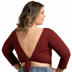 Blusa Transpassada Cropped Envelope Canelada Multiuso Plus Vinho