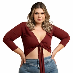 Blusa Transpassada Cropped Envelope Canelada Multiuso Plus Vinho na internet