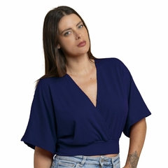 Blusa Manga Morcego Cropped Feminino Decote V Slim Azul na internet