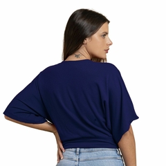 Blusa Manga Morcego Cropped Feminino Decote V Slim Azul