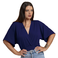 Blusa Manga Morcego Cropped Feminino Decote V Slim Azul