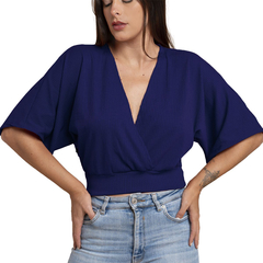 Blusa Manga Morcego Cropped Feminino Decote V Slim Azul - loja online