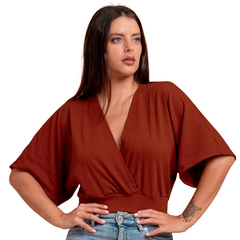 Blusa Manga Morcego Cropped Feminino Decote V Slim Laranja na internet