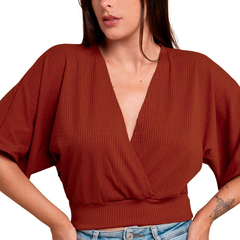 Blusa Manga Morcego Cropped Feminino Decote V Slim Laranja - The UNI