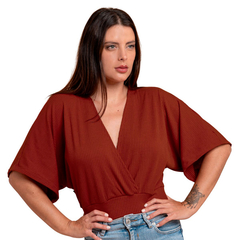 Blusa Manga Morcego Cropped Feminino Decote V Slim Laranja