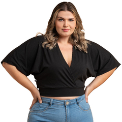 Blusa Manga Morcego Cropped Feminino Decote V Plus Preto