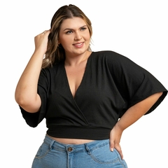 Blusa Manga Morcego Cropped Feminino Decote V Plus Preto na internet