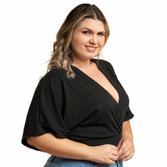 Blusa Manga Morcego Cropped Feminino Decote V Plus Preto - loja online