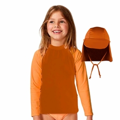 Camiseta + Boné UV Infantil Proteção Solar 50+ Manga Longa Térmica Laranja Menina