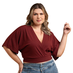 Blusa Manga Morcego Cropped Feminino Decote V Plus Vinho na internet