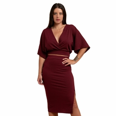 Blusa Manga Morcego + Saia Lápis Fenda Lateral Slim Vinho - The UNI