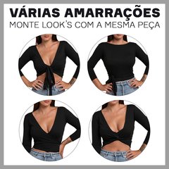 Blusa Transpassada Cropped Envelope Canelada Multiuso Slim Preta - comprar online