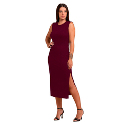 Vestido Gola U Midi Canelado Modelador Com Fenda Lateral Vinho - The UNI