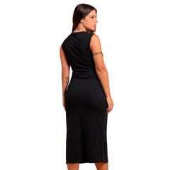 Vestido Gola U Midi Canelado Modelador Com Fenda Lateral Preto na internet